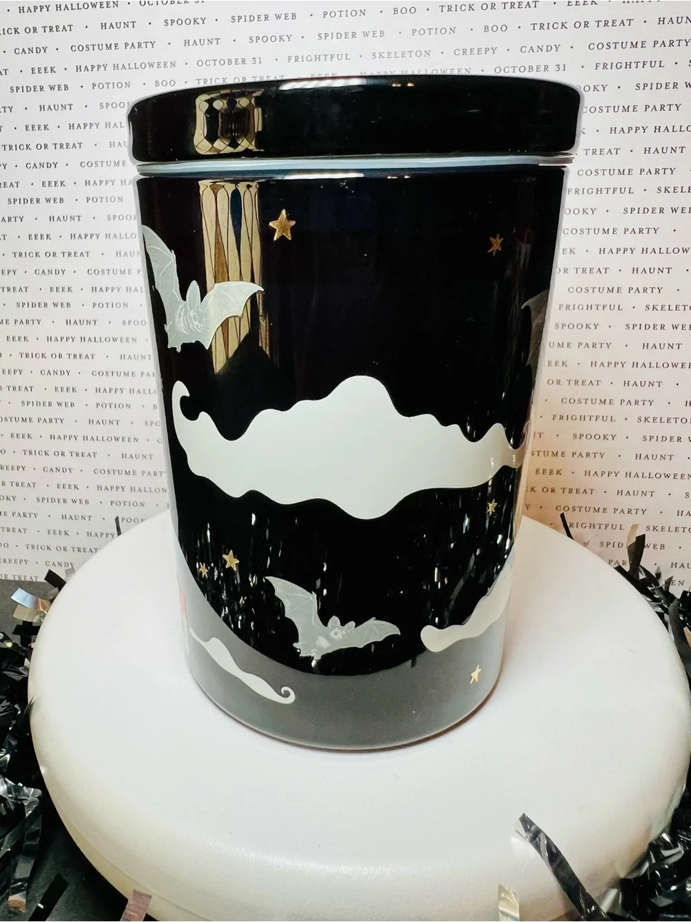 Halloween Glass Bats & Moonlight 1 Wick Candle Black and Gold Midnight Mahogany